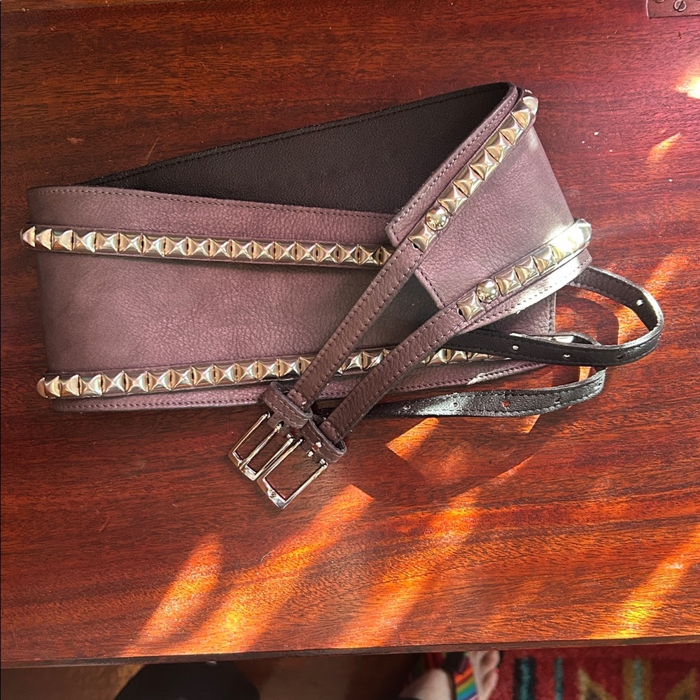 NWOT Charcoal Grey Italian Leather Studded Wide Belt M - Picture 2 of 10